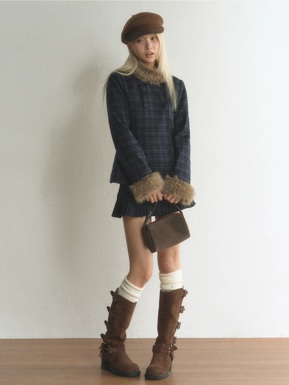 Plaid Fur-Trimmed Double-Breasted Jacket