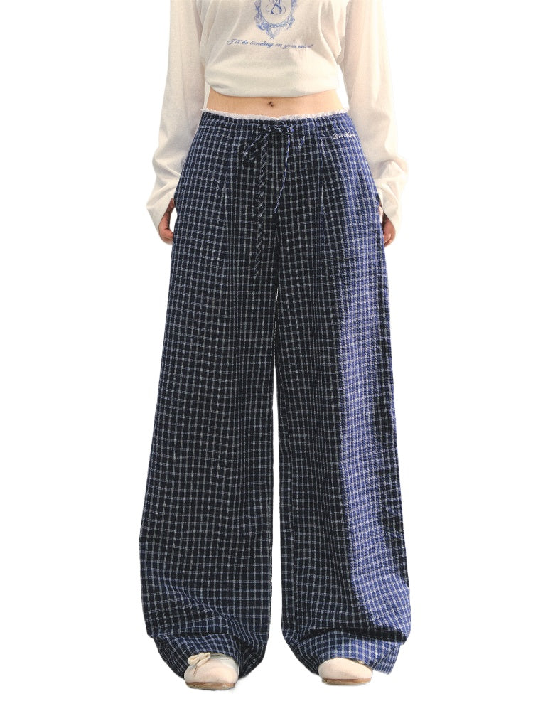 Plaid Color-block Waist Spliced Straight Pants