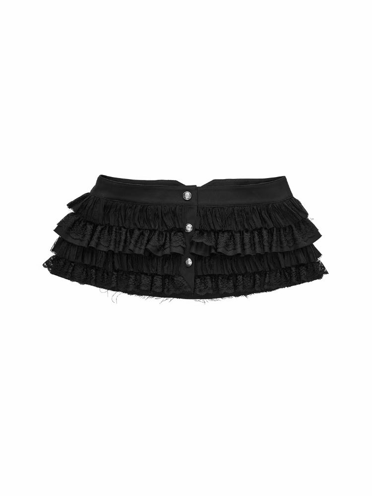 Metal Button Lace Chiffon Mini Skirt