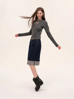 Vintage Foldover Buttoned Denim Skirt