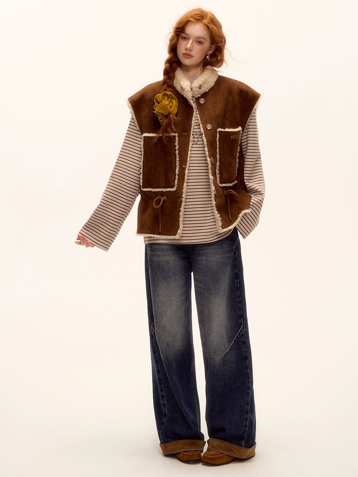 Suede Patchwork Cat-Whisker Wide-Leg Jeans