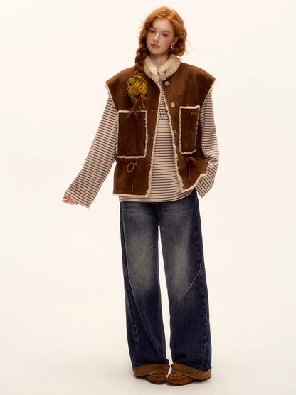 Suede Patchwork Cat-Whisker Wide-Leg Jeans