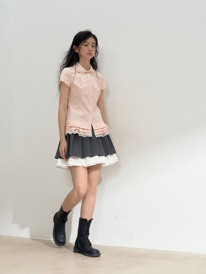 Pink Embroidered Collar Lace Shirt