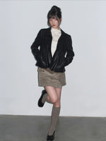 Pleated Curved-Hem Leather Jacket