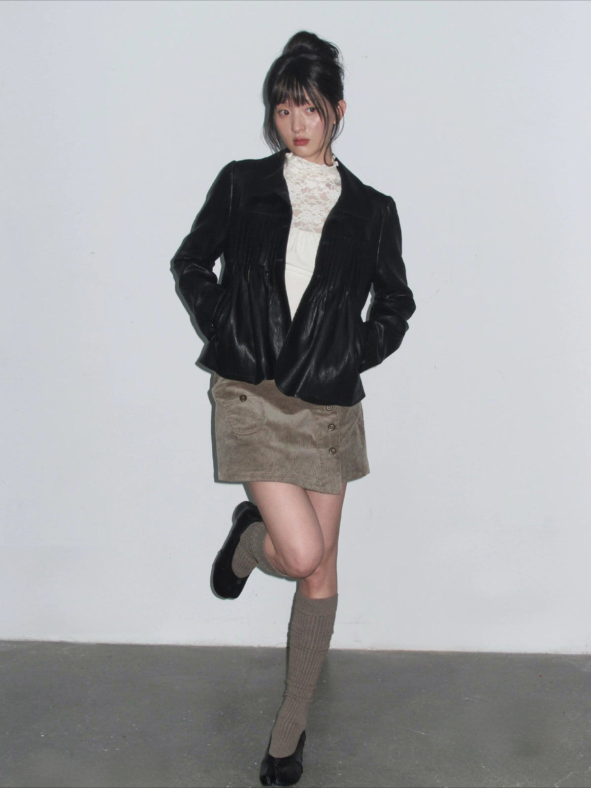 Pleated Curved-Hem Leather Jacket
