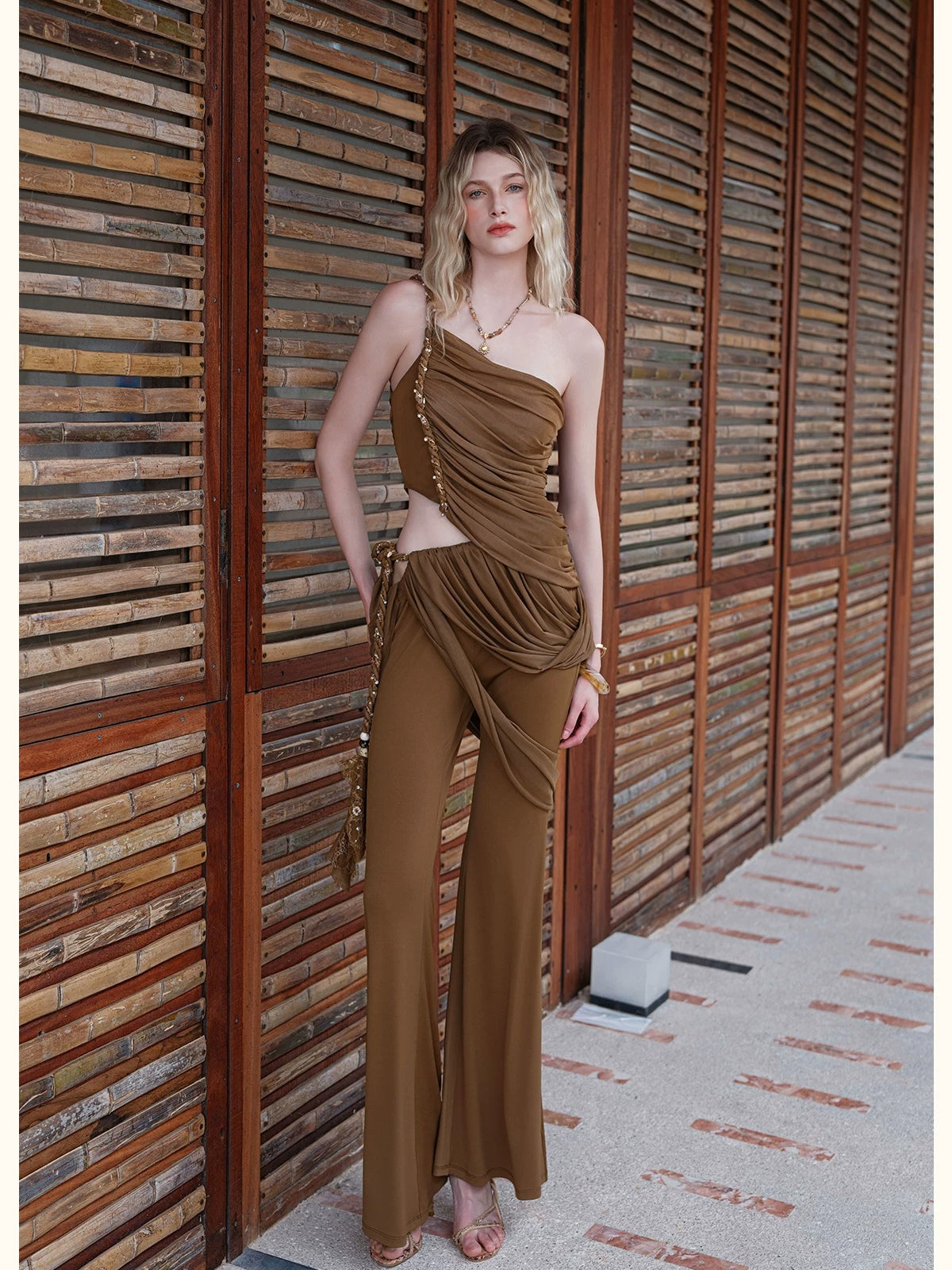 Lace Tie Top Flare Pants Set