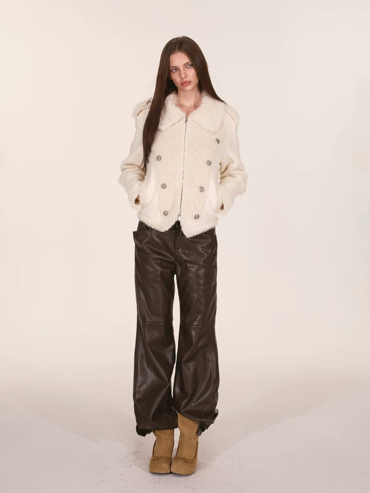 Ivory Double-Breasted Sherpa Panel Jacket