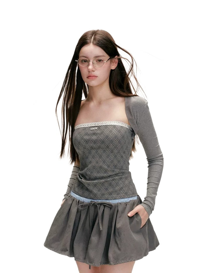 Contrast Lace-Trim Plaid Top Set