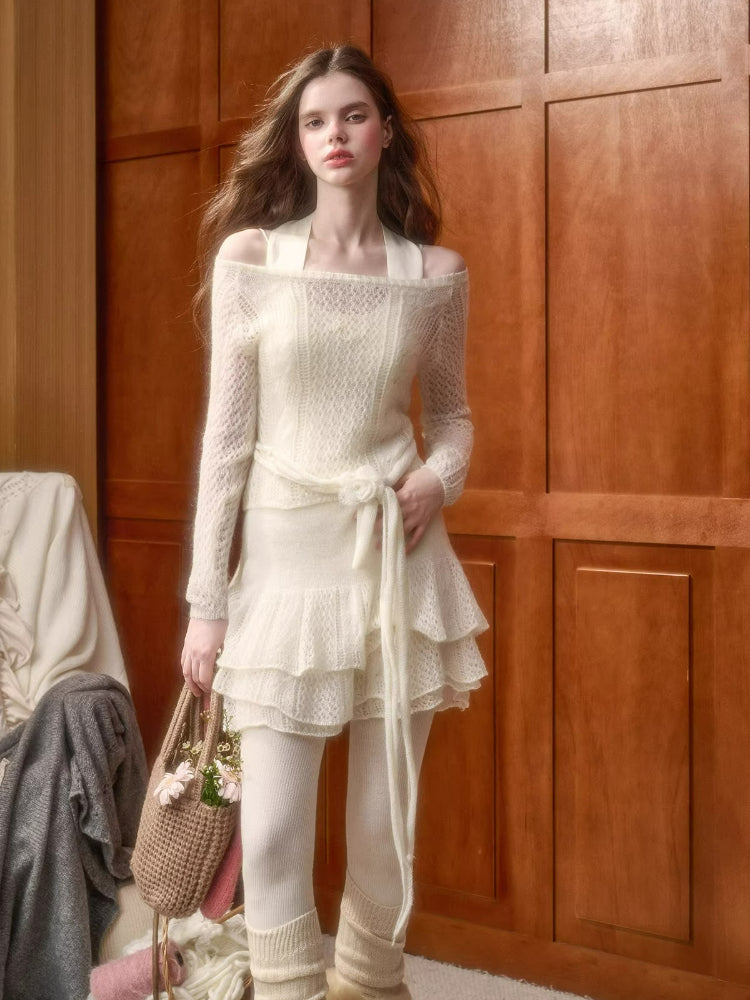 Mohair Wool Open-Knit Vest Set