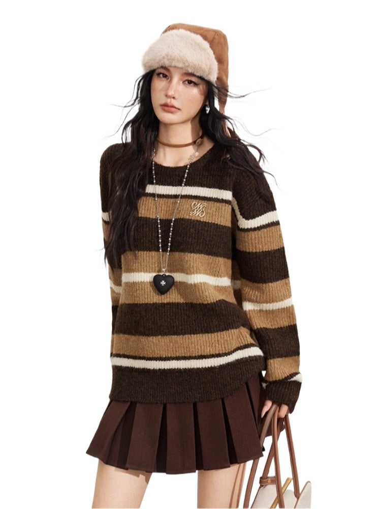 Brown Wool-Blend Striped Sweater