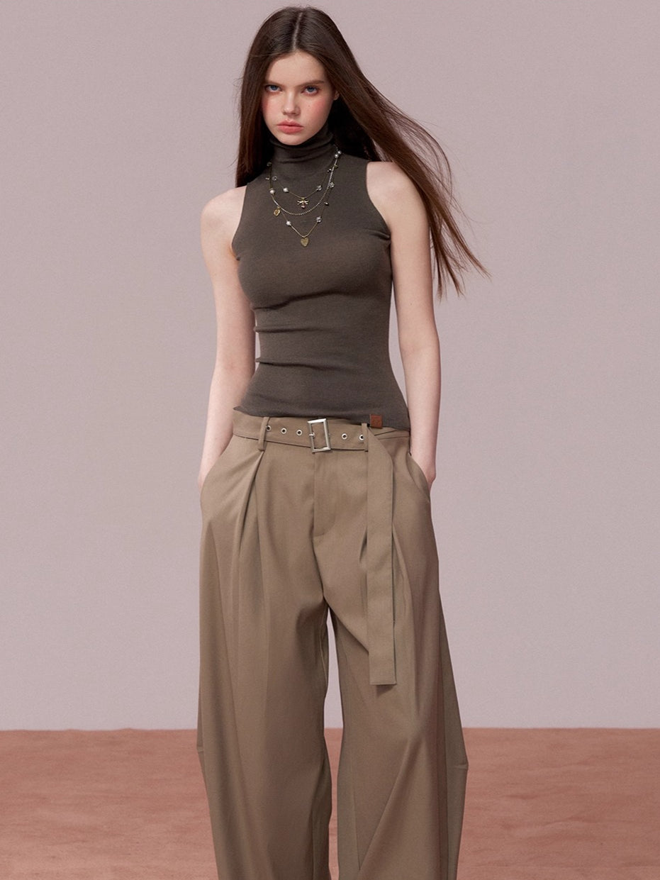 Belted Wide-Leg Tailored Trousers