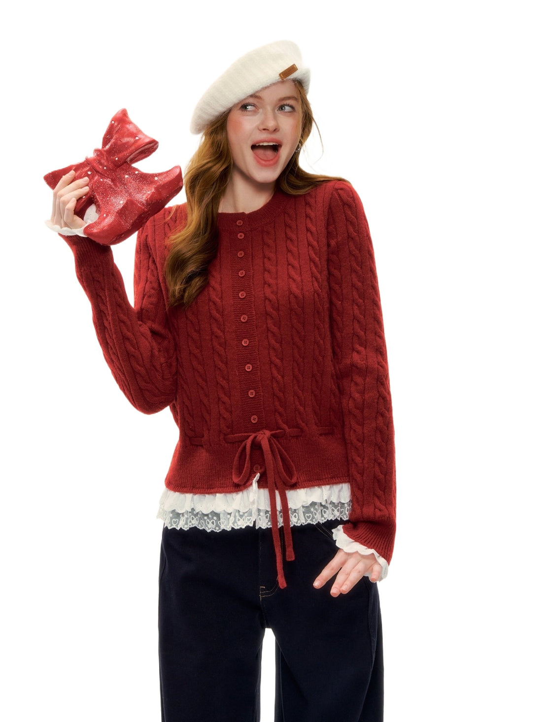 Cable Knit Lace Hem Drawstring Sweater