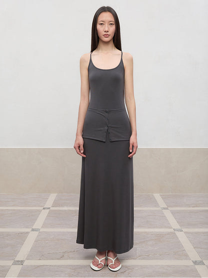 Deep U-Neck Button-Strapped Dress