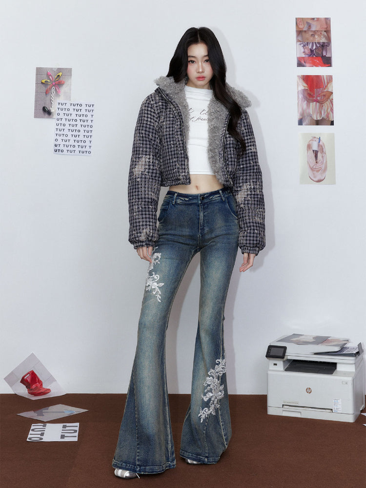 White Embroidered Flared Washed Denim Jeans