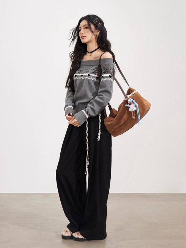 Black &amp; Brown Belted Wool Wide-Leg Pants
