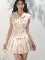 Navy Collar Lyocell Waist-cinching Shirt & Skirt Set