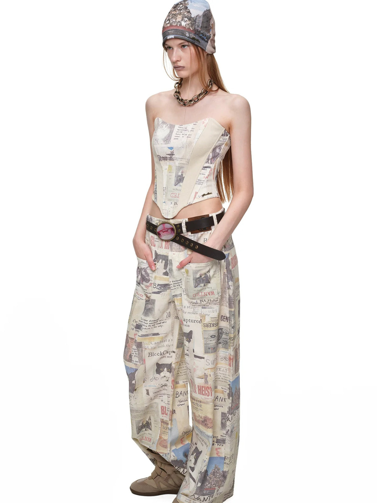Cat Newspaper Print Corset Top