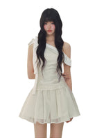White Satin Embroidery Tulle Dress