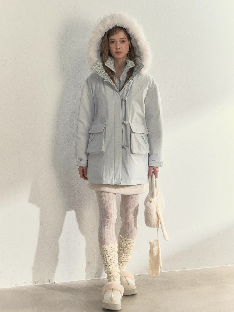“Flowing Glacier” Patchwork Down Jacket with Fur Collar