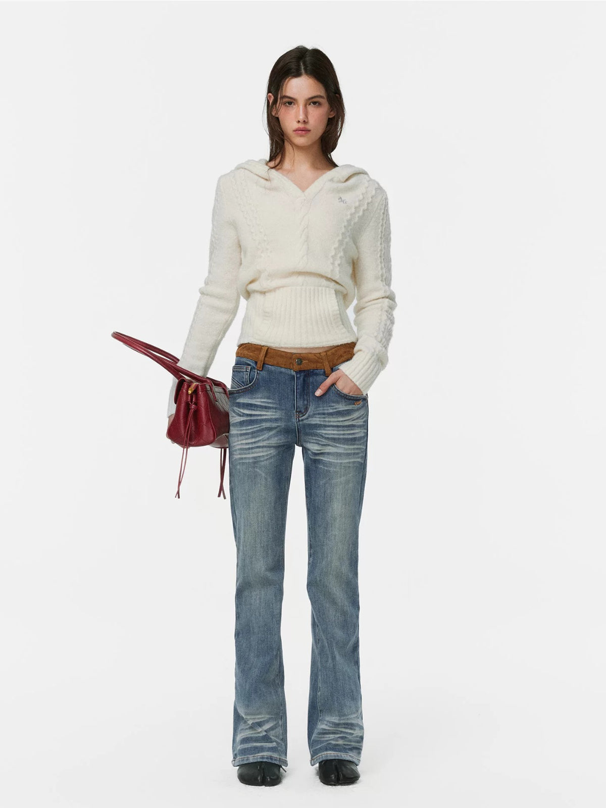 Suede Waistband Washed Bootcut Jeans