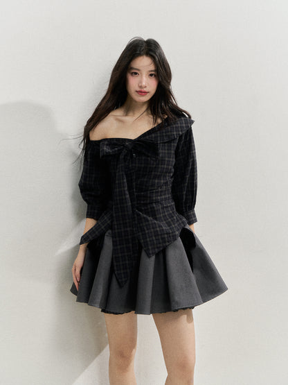 Checkered Bow One-Shoulder Asymmetric Waist-Cinching Shirt