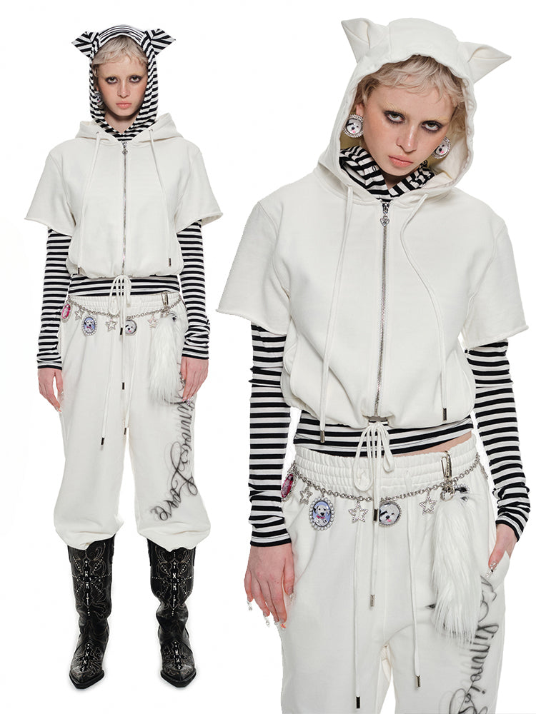 Black & White Cat-ear Short-sleeve Hoodie