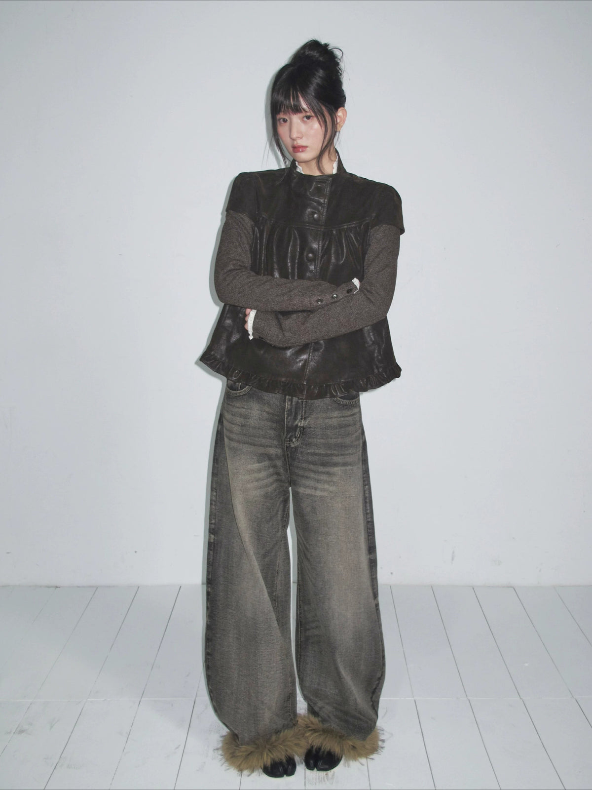 Stand-Collar Faux-Layered Jacket