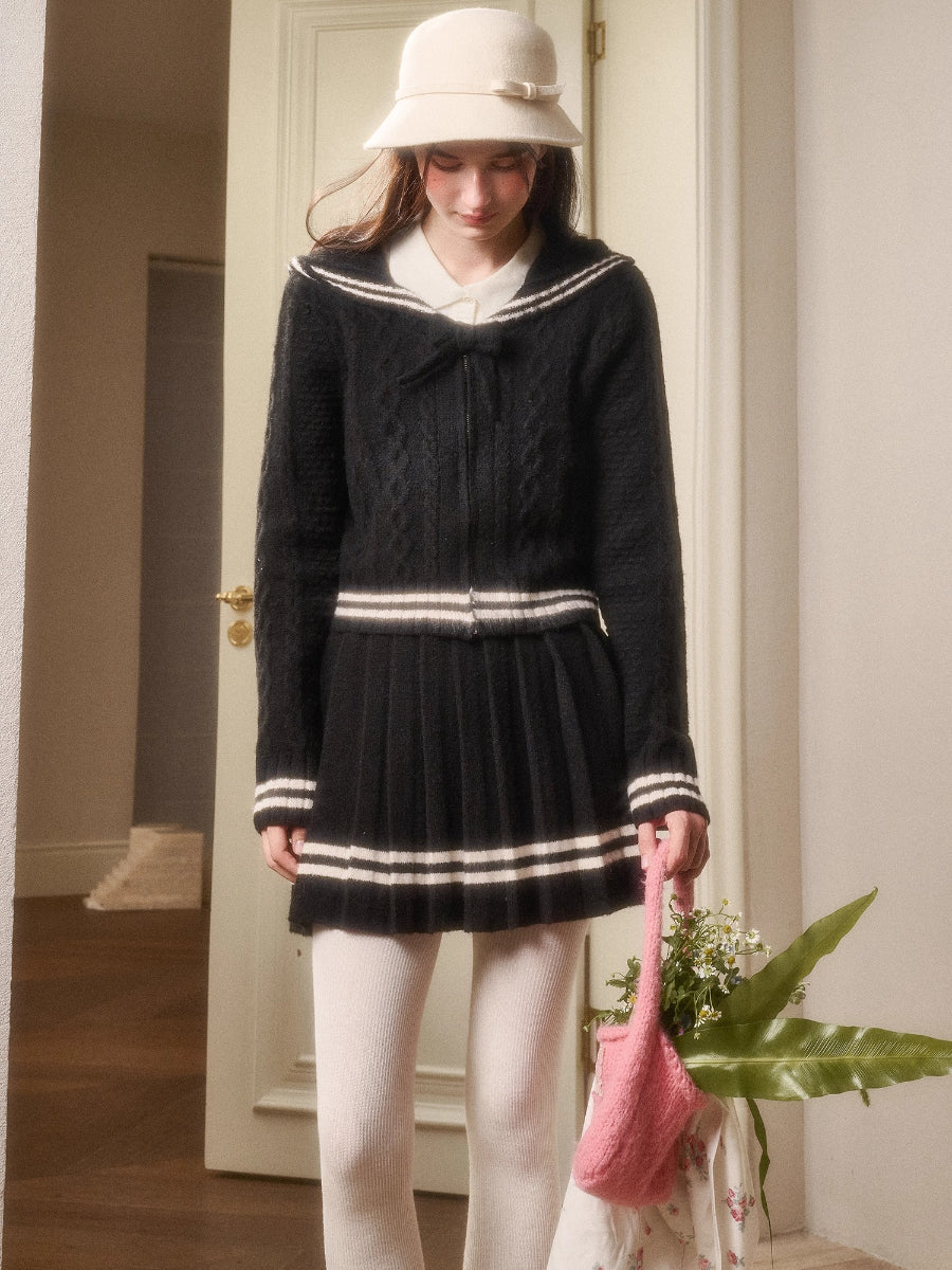 Memo Wool Cloud Knit Cardigan &amp; Pleated Skirt Set