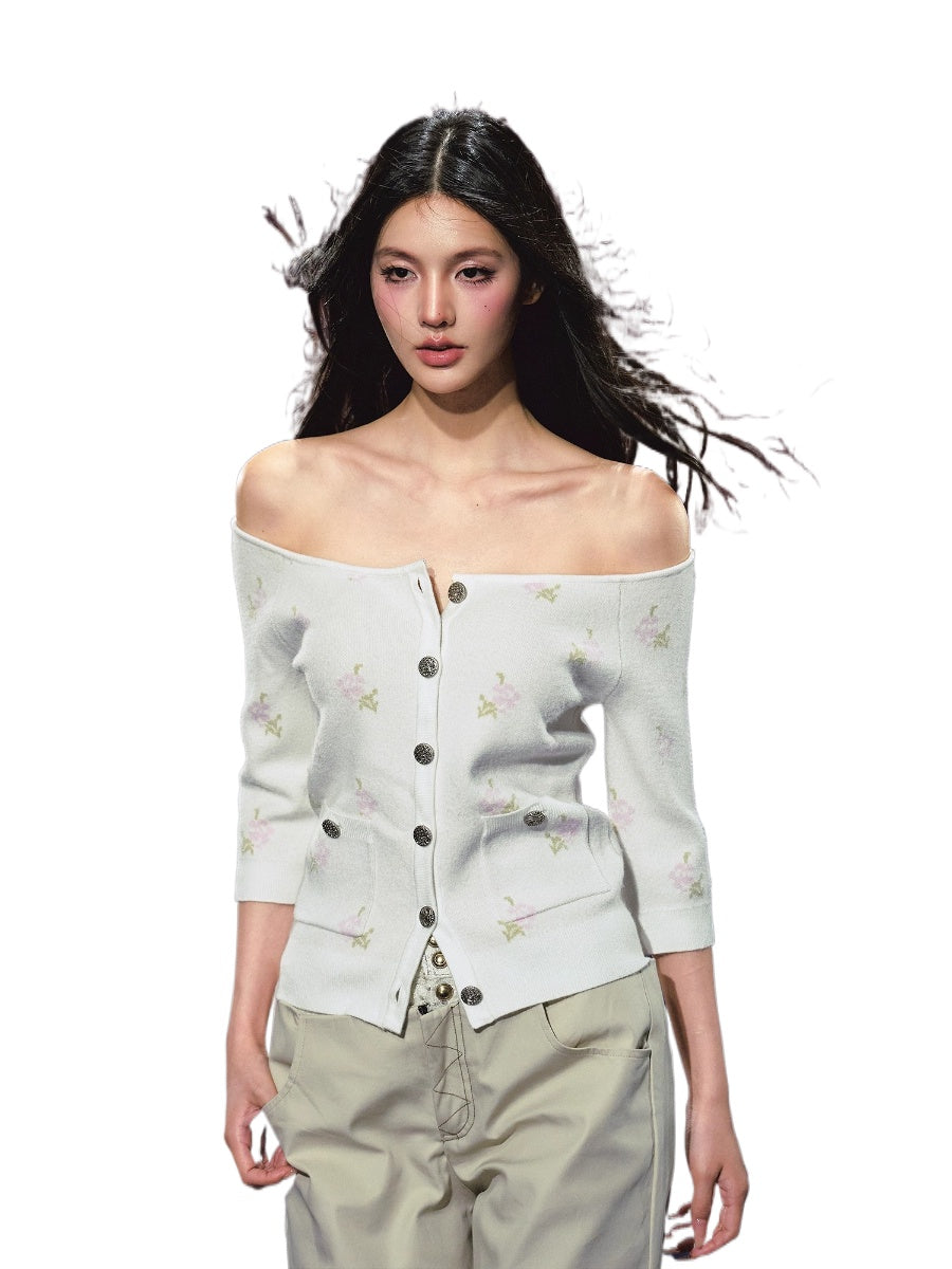 Floral Pattern Off-shoulder Mosaic Knit Cardigan