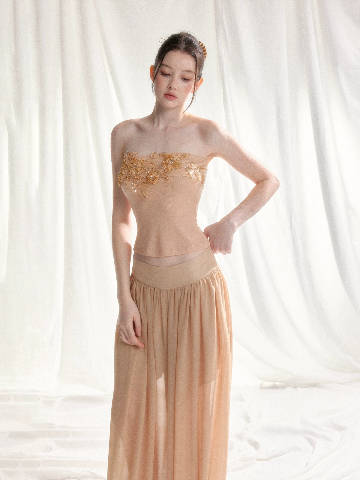 Floral Appliqué Bustier &amp; Mesh Pants Set