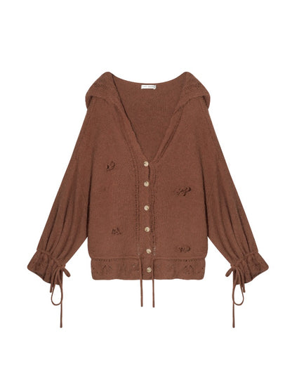 V-Neck Floral Tie Wool-Blend Knit Cardigan