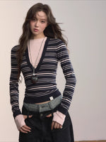 Color-Blocked Stripe Crew Neck Long Sleeve Knit Top