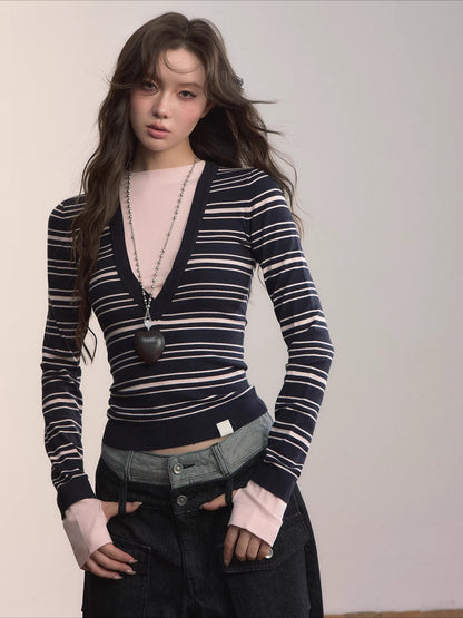 Color-Blocked Stripe Crew Neck Long Sleeve Knit Top