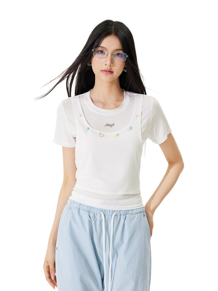 Fake Two-piece Cool Tie-front Regular Shoulder T-shirt