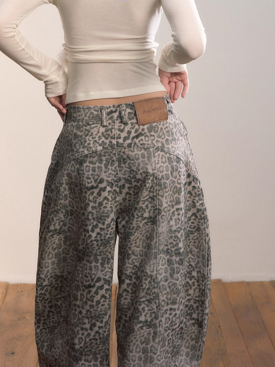 Leopard Print Scythe Wide-Leg Casual Jeans