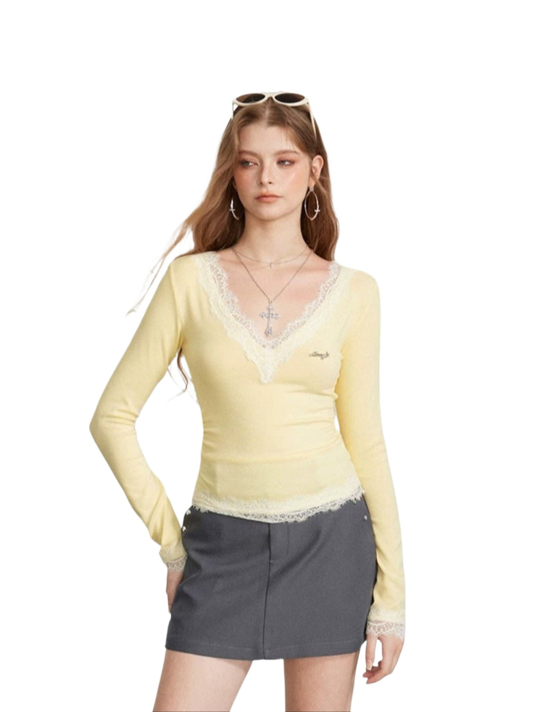 Lace Panel V-Neck Fitted T-Shirt