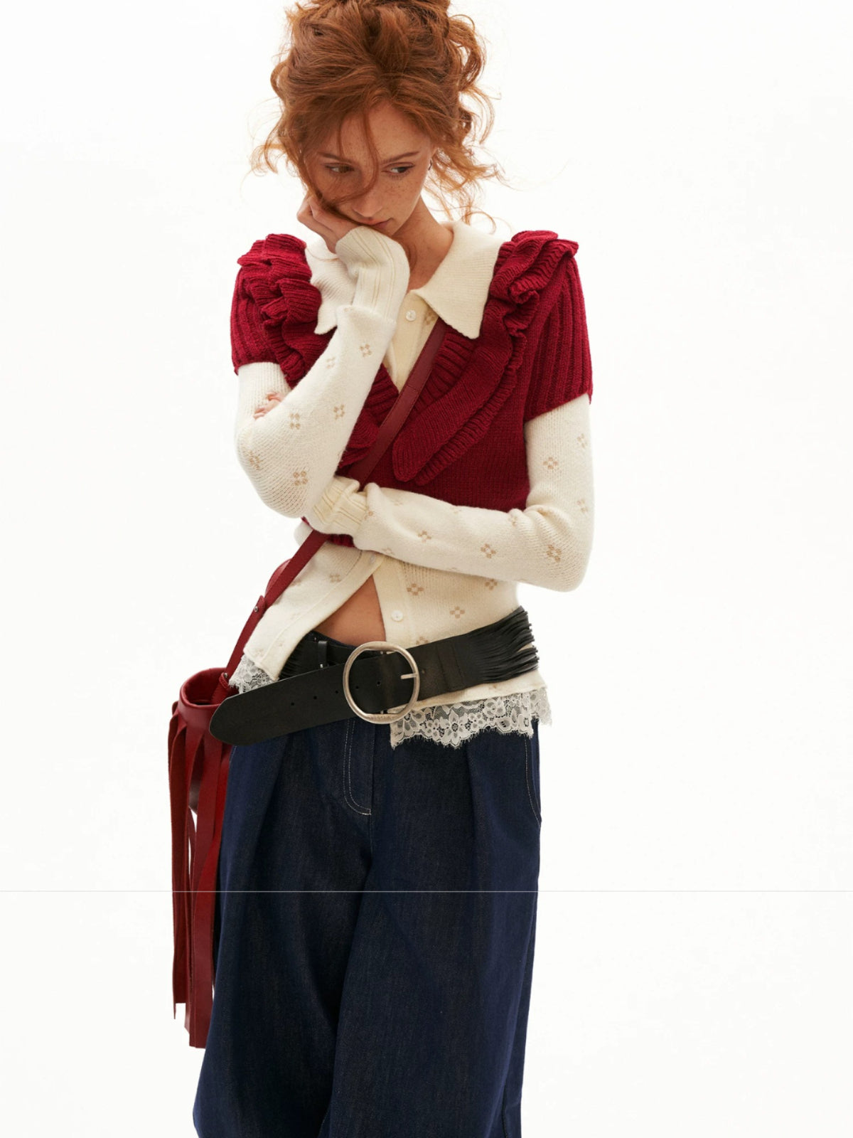 Soft Ruffle Trim V-Neck Cropped Knit Top
