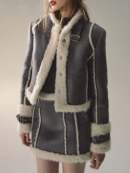 Grey Short Plush Shearling Jacket &amp; Skirt Set