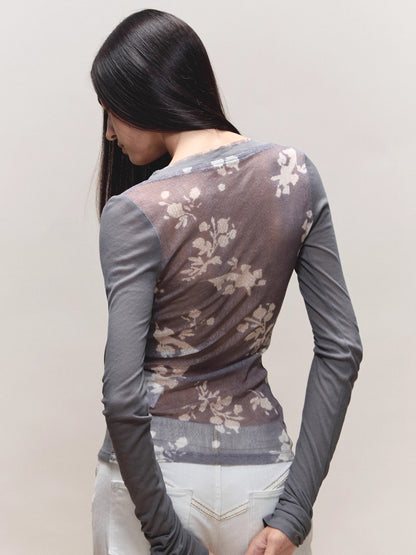 Sheer Print Open-Back Knit Top