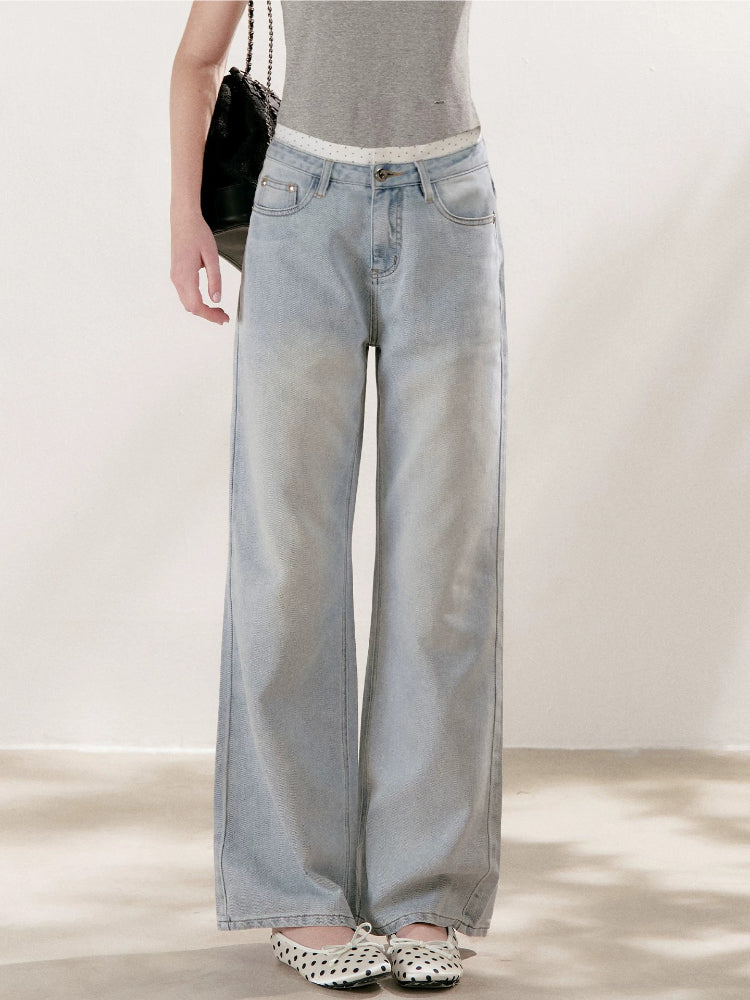 Polka-Dot Double-Wais Wide Leg Jeans