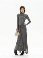Gray Tie Detail High Neck Knit Dress