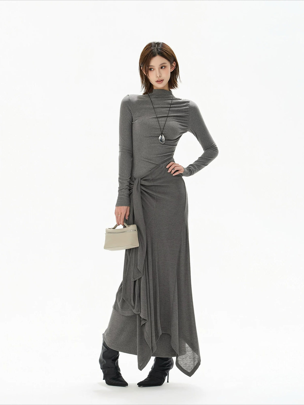 Gray Tie Detail High Neck Knit Dress