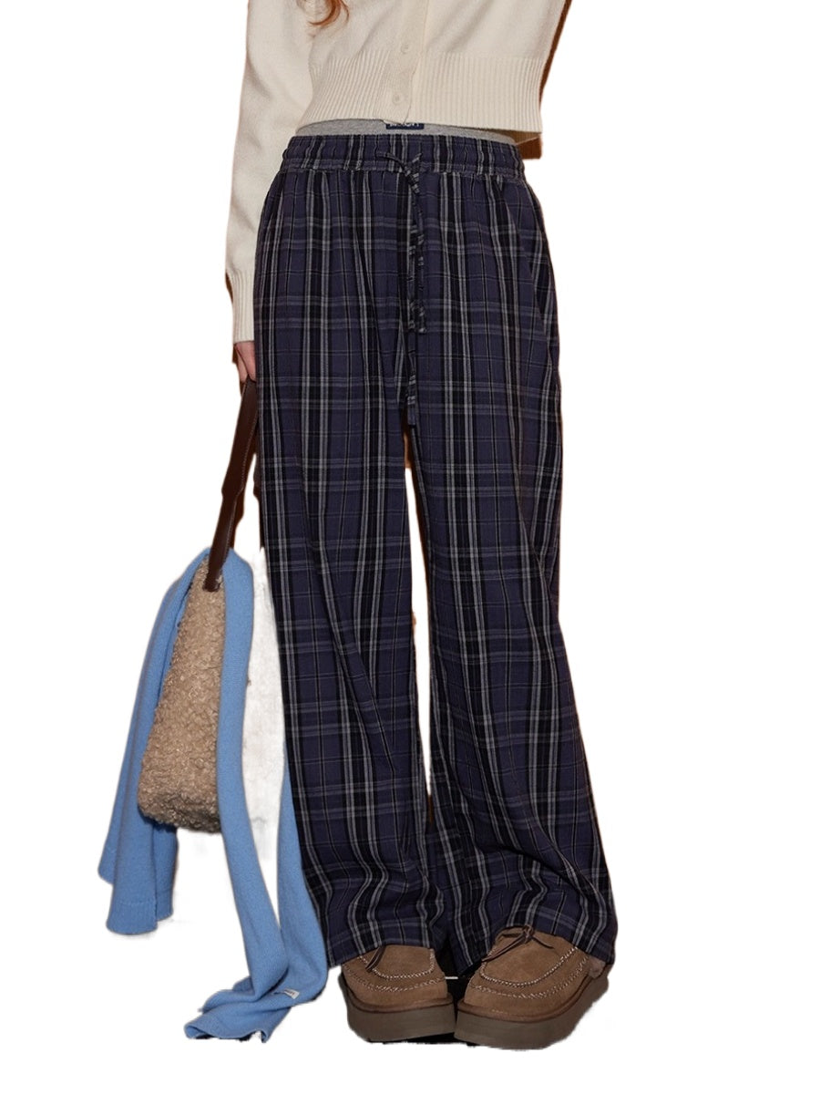Plaid Double-Waist Relaxed Straight Pants