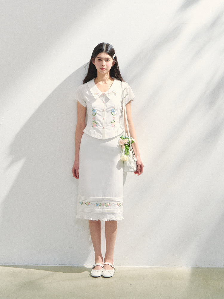 Embroidered Short-sleeve Waist-cinching Shirt & Skirt Set