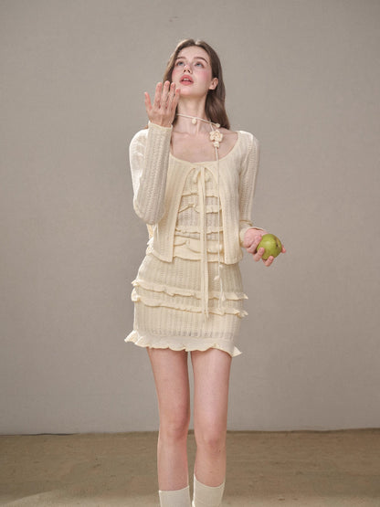 Hollow Out Cream Knit 3-Piece Set