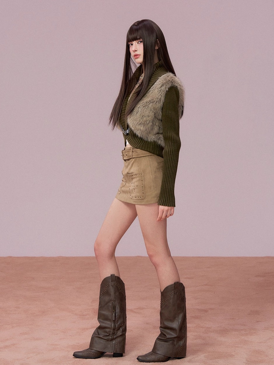 Faux Fur Panel Knitted Short Jacket