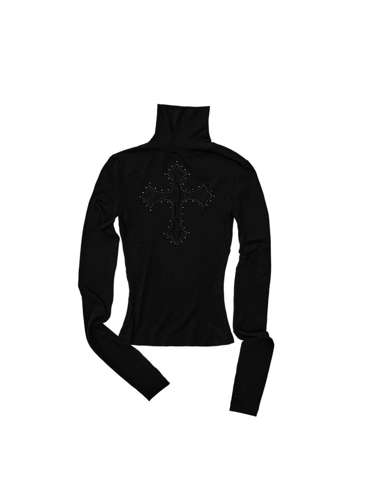 Cross Lace Rhinestone Turtleneck Top