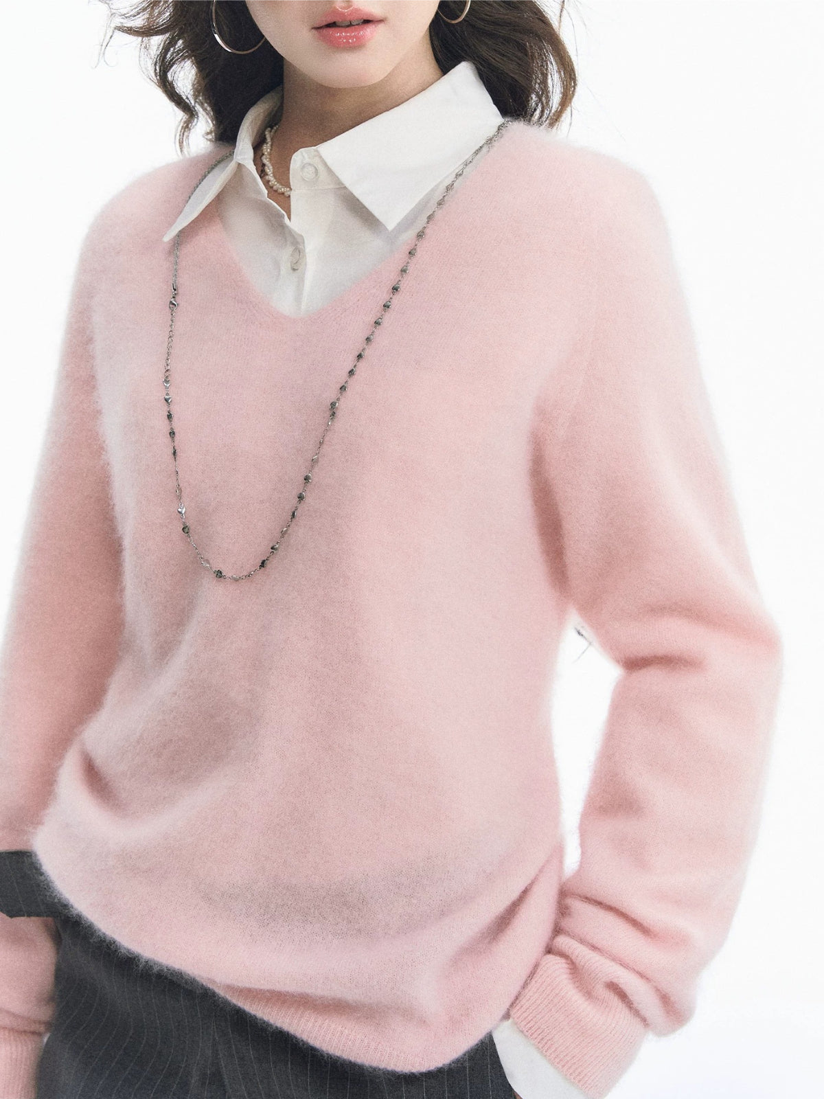 Seamless V Neck Silk Wool Sweater