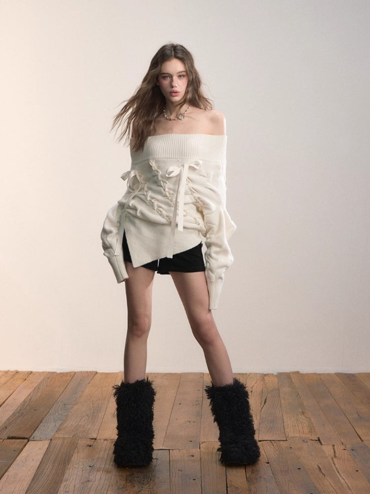 White Off-Shoulder Cross-knit Strap Sweater