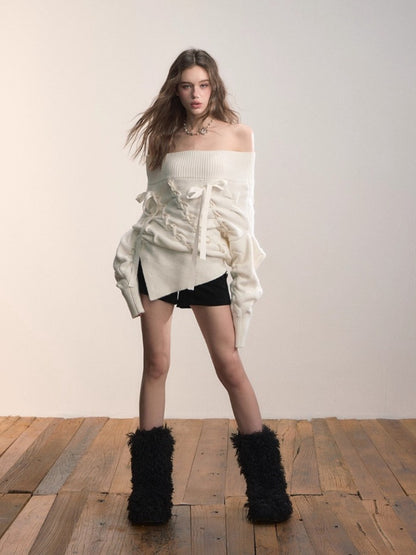 White Off-Shoulder Cross-knit Strap Sweater